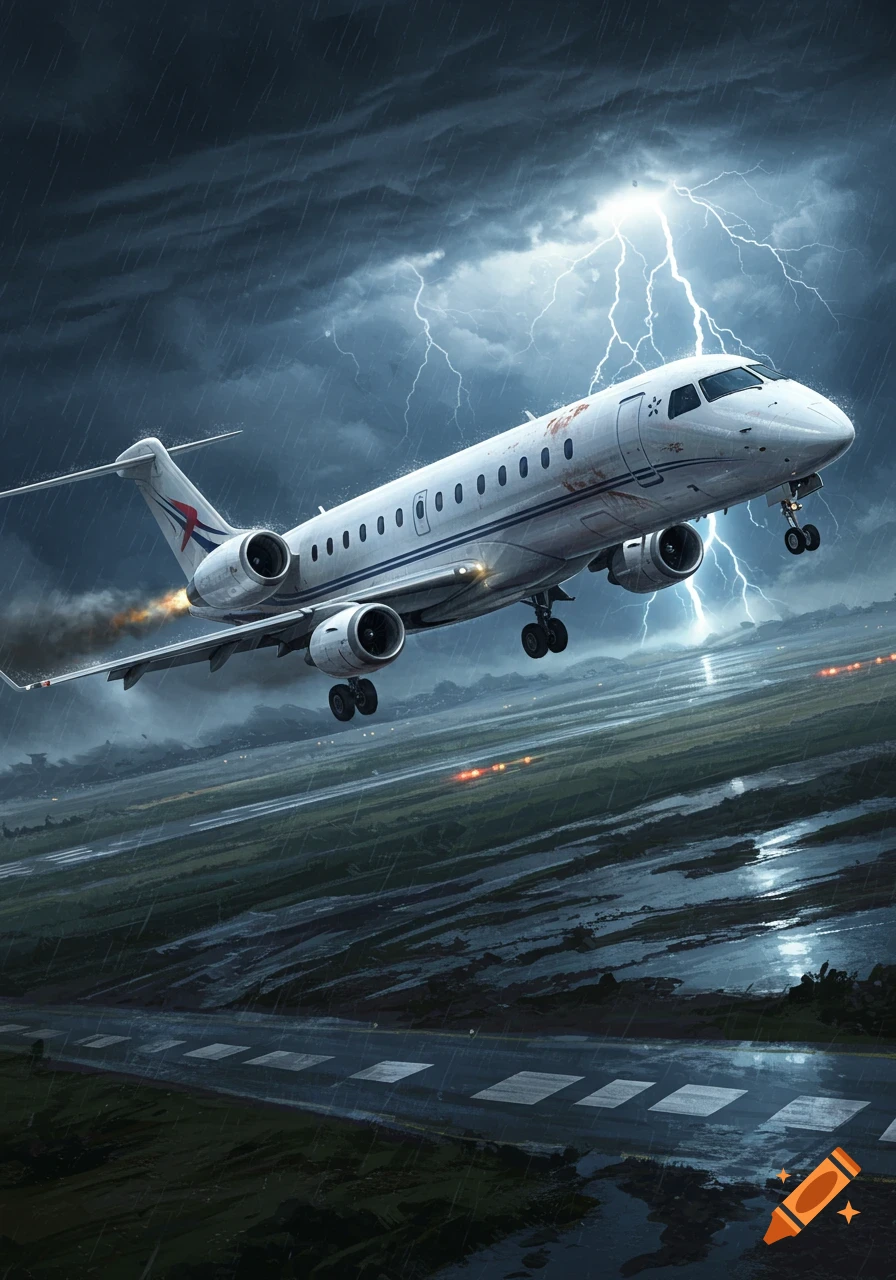 Photorealistic white ERJ 145 plane with engine failure taking off in a severe thunderstorm with rain and lightning.