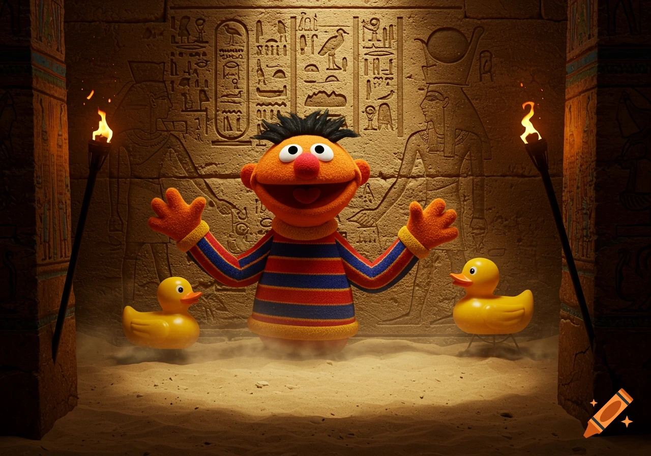 Ernie from Sesame Street stands with two rubber ducks in an ancient Egyptian tomb with hieroglyphs and torches.