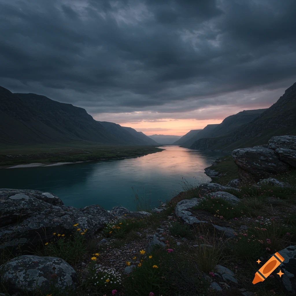 Photorealistic landscape of a river flowing through a valley at dusk, with mountains, dark clouds, and a golden-pink horizon.