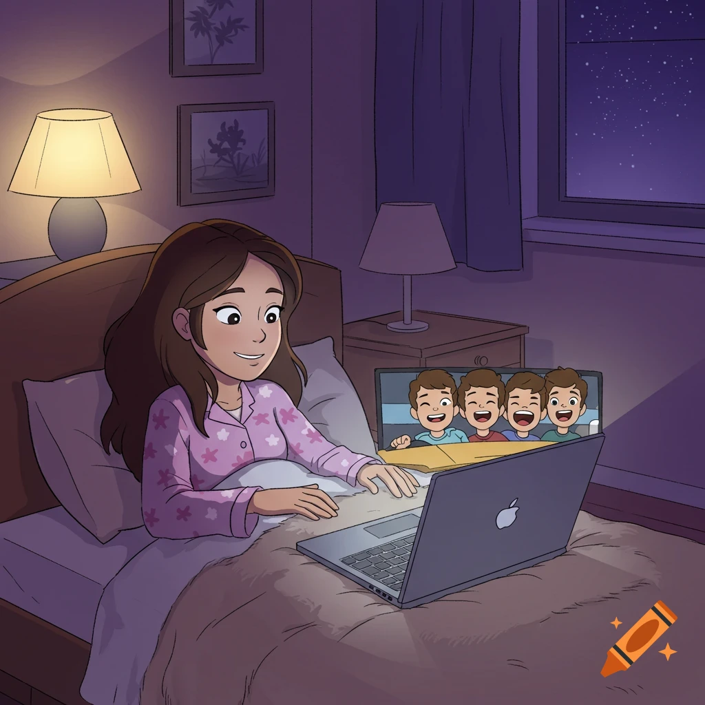 A cartoon girl in pajamas lies in bed at night, smiling at a laptop screen that shows four laughing boys in a video call.