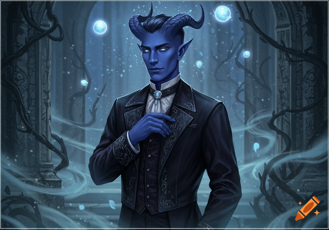 Blue-skinned, horned male tiefling in a black suit stands in an ethereal, arcaded setting with glowing blue orbs.