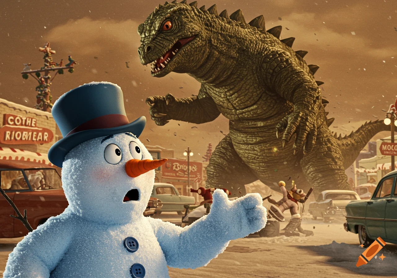 An animated Frosty the Snowman looks surprised as a giant lizard monster smashes a vintage snowy town.