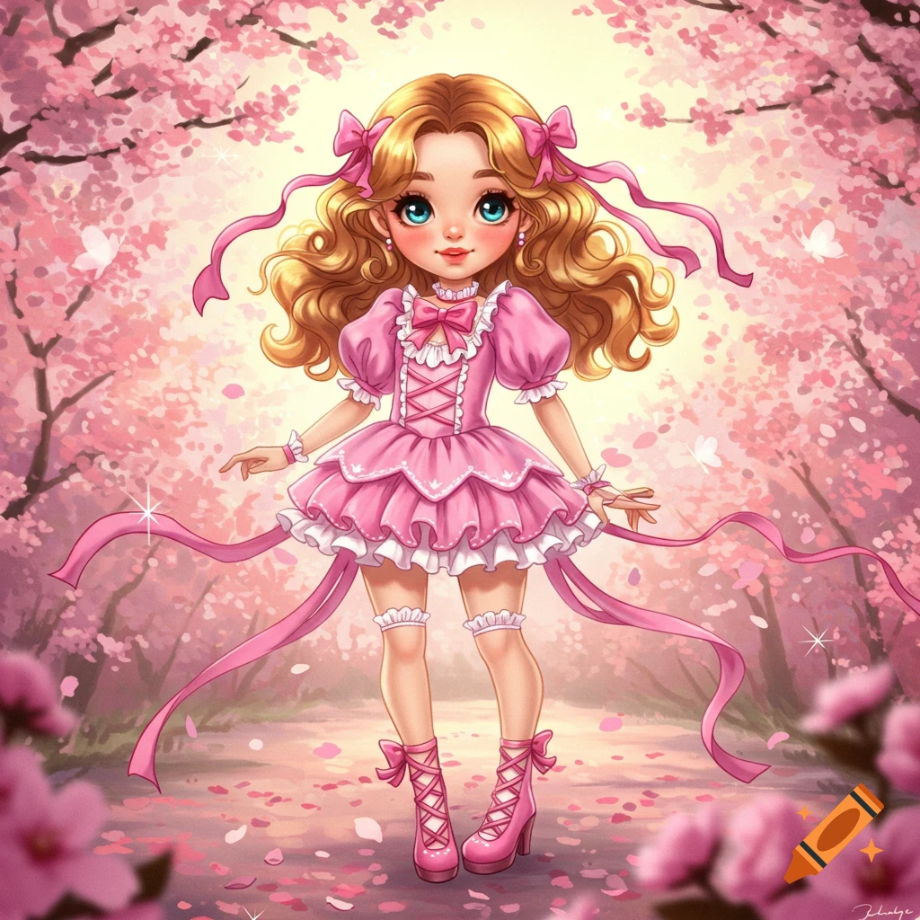 A cute, stylized girl with blonde curly hair, wearing a pink ruffled dress and ribbons, stands in a cherry blossom forest.