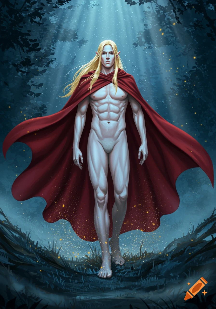 A tall, pale, muscular male elf with long blond hair and a red cloak stands in a moonlit fantasy forest with glowing particles.