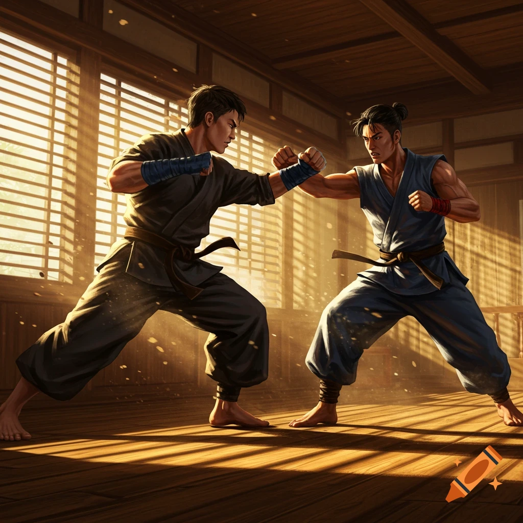 Two men in martial arts uniforms in a dynamic fighting stance in a sunlit dojo.