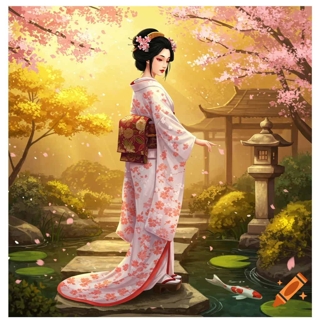 Illustrated Japanese woman in a white kimono in a sunlit cherry