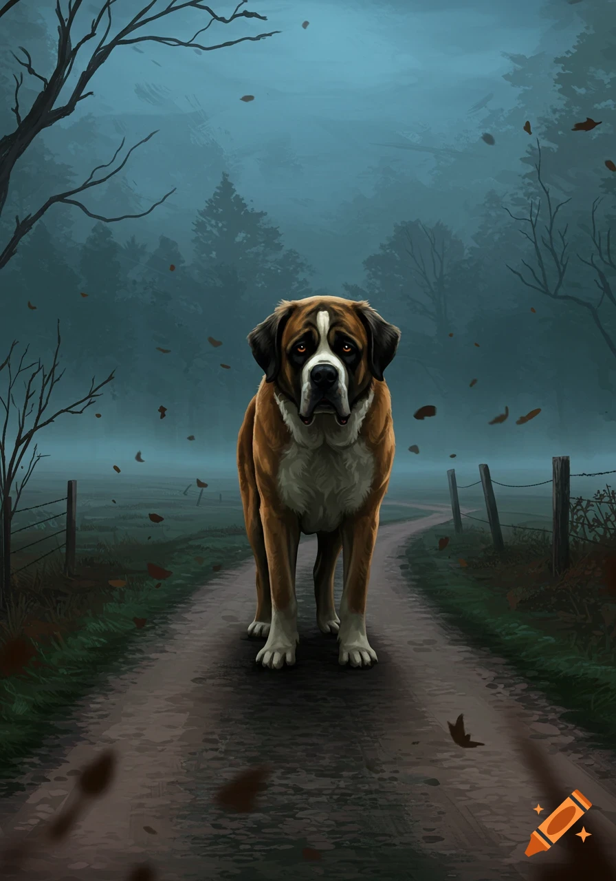 A St. Bernard dog stands on a misty forest path with bare trees and falling leaves, in a digital painting style.