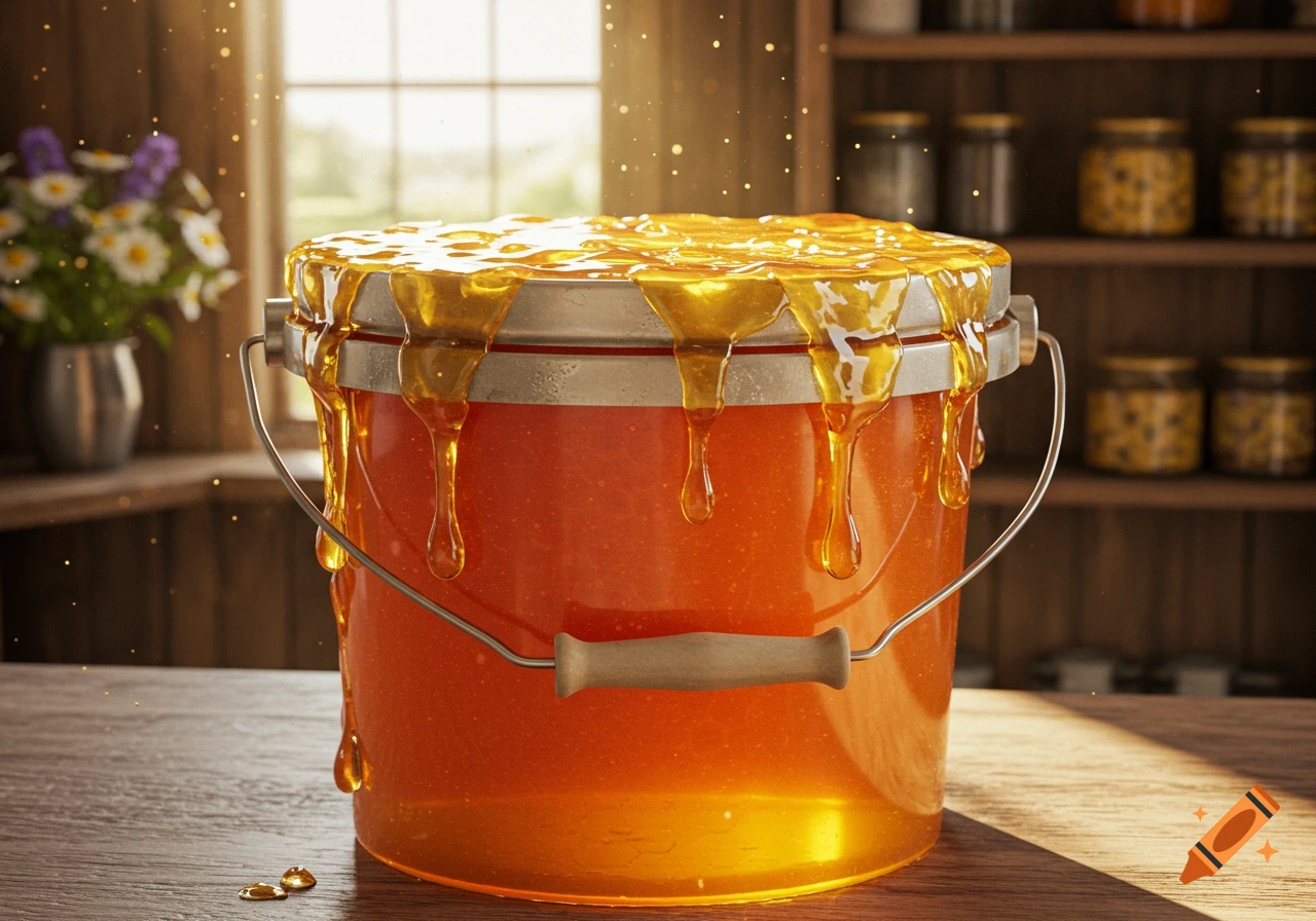 Photorealistic image of a clear bucket overflowing with golden honey, dripping onto a wooden table in a sunlit room.