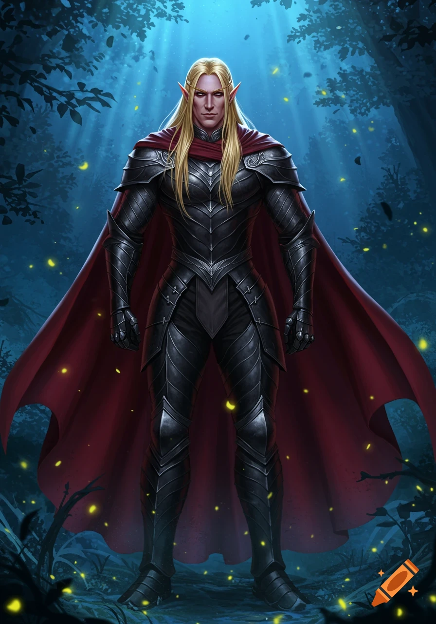 A tall, blond-haired male elf in black armor and a red cape stands in a moonlit forest with glowing fireflies.