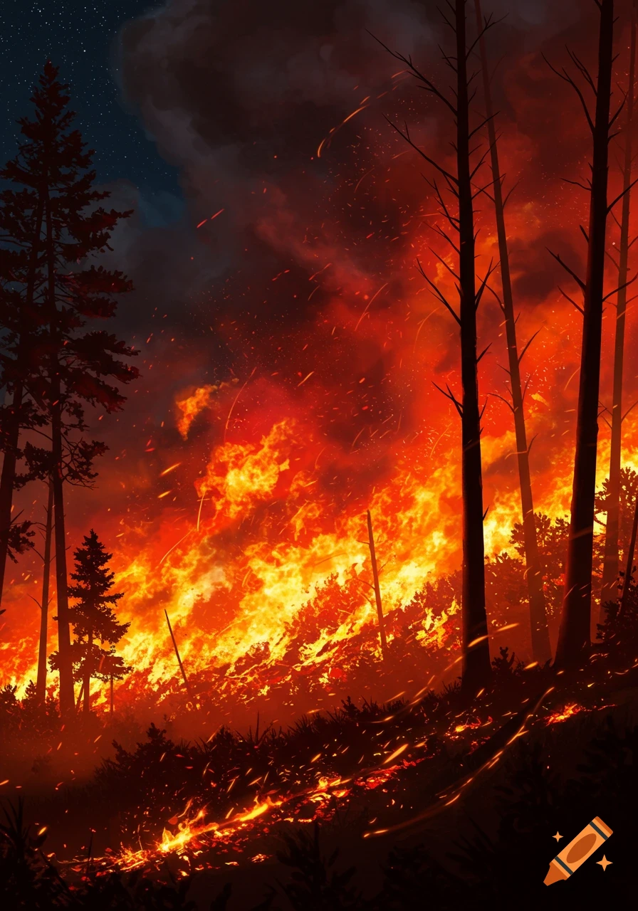 Stylized illustration of a raging wildfire engulfing a forest at night, with towering flames, smoke, and glowing embers.