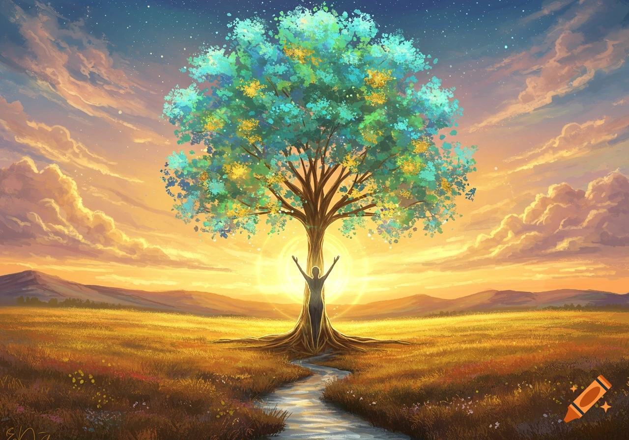A silhouetted person with raised arms stands under a vibrant tree in a golden field with a glowing sunrise behind, a stream flowing towards them.
