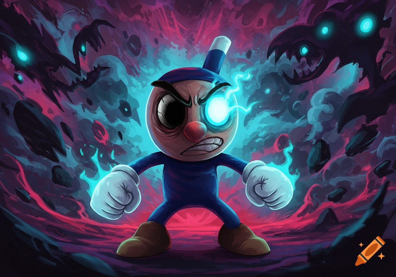 Stylized cartoon character resembling Mugman, with one dead eye and one glowing blue eye, stands defiantly against shadowy monsters in a neon landscape.