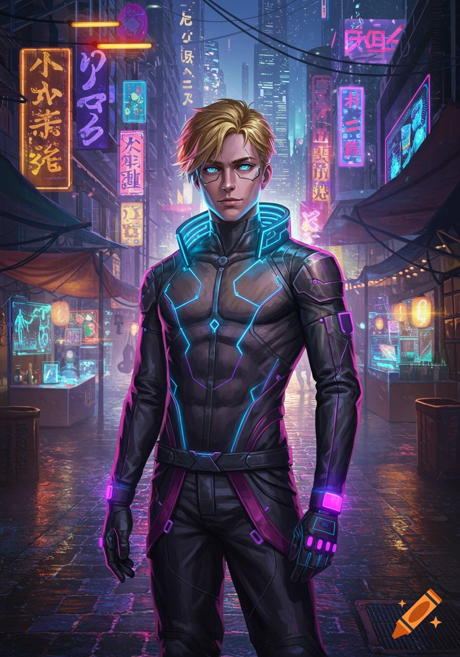 Anime-style blond man with glowing blue eyes in futuristic leather gear standing on a neon-lit cyberpunk street.