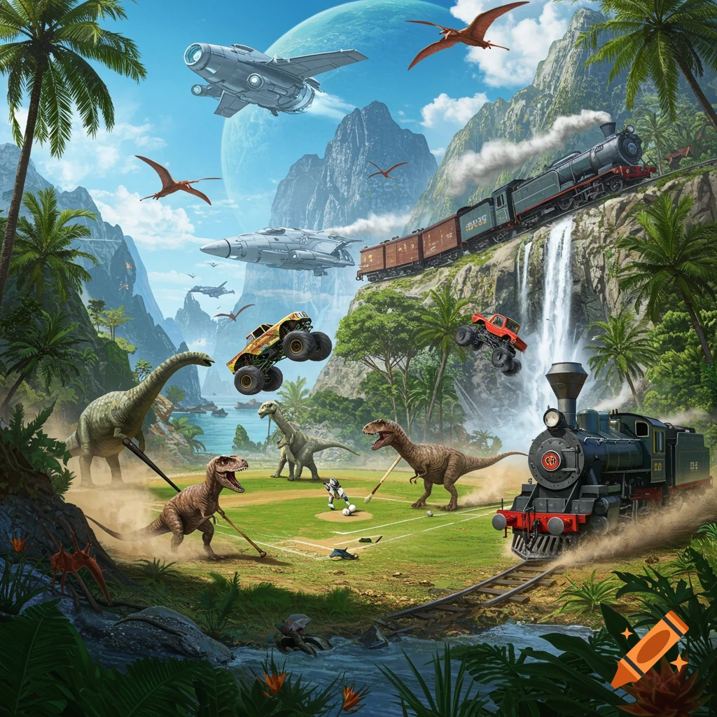 A vibrant digital illustration of dinosaurs playing baseball, monster trucks, trains, and spaceships in a fantastical tropical landscape.