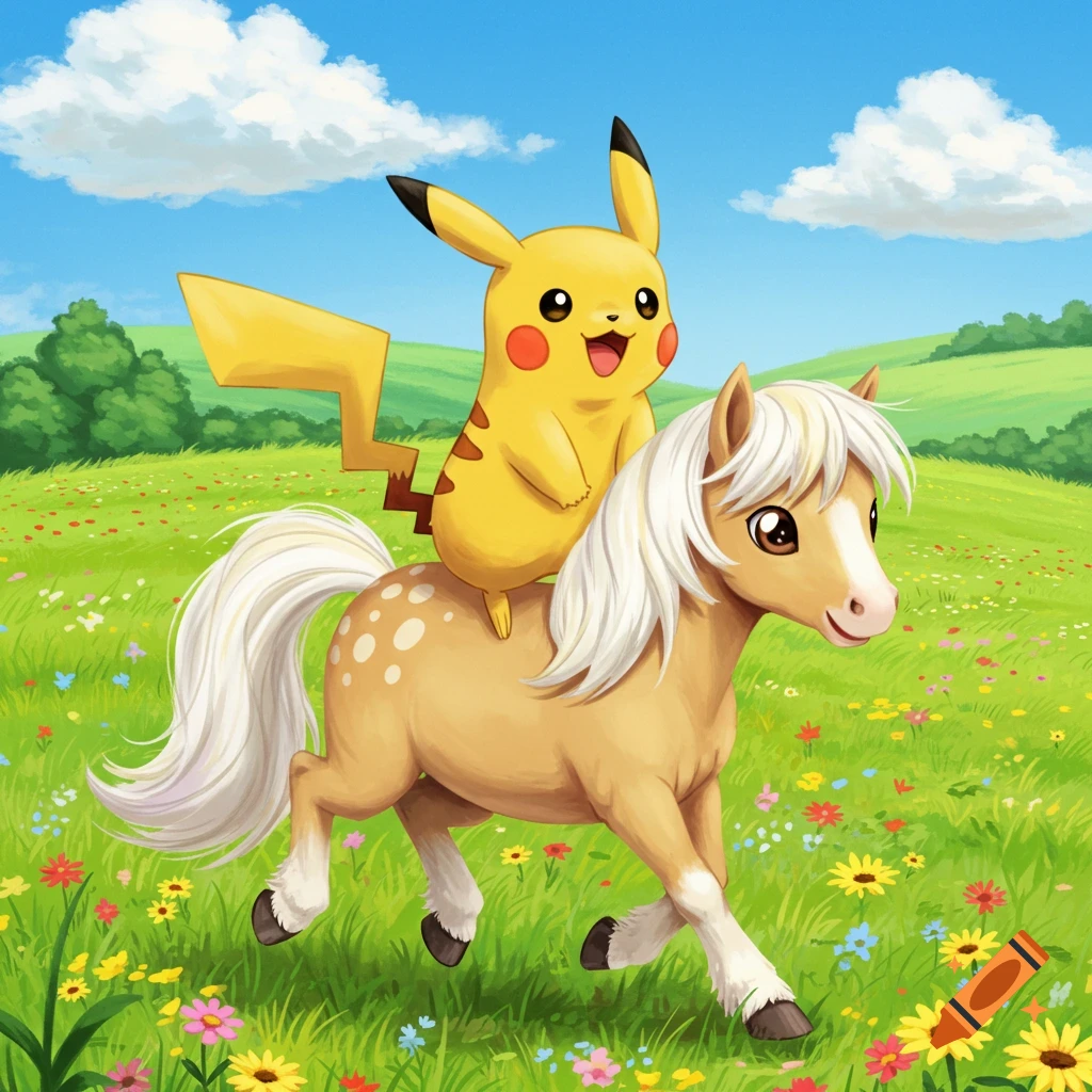 Cartoon Pikachu rides a dappled tan pony through a vibrant green field with colorful flowers under a blue sky.