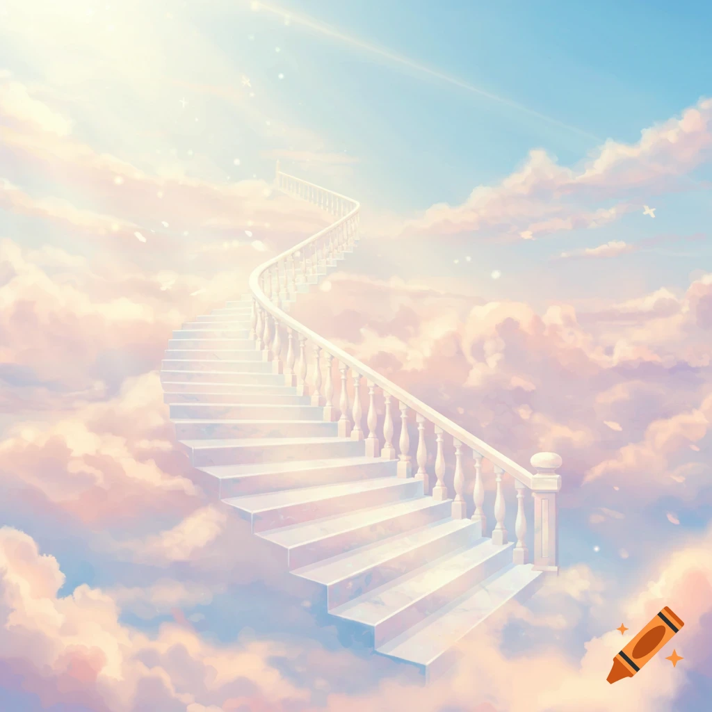 A winding white staircase ascends through pastel pink and blue clouds towards a bright, ethereal sky.