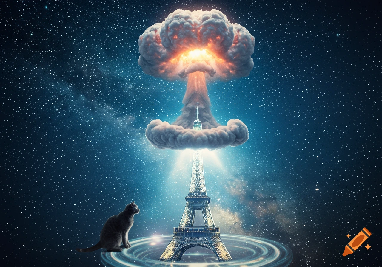 A gray cat watches a nuclear mushroom cloud explode above the Eiffel Tower in a surreal starry cosmic sky.
