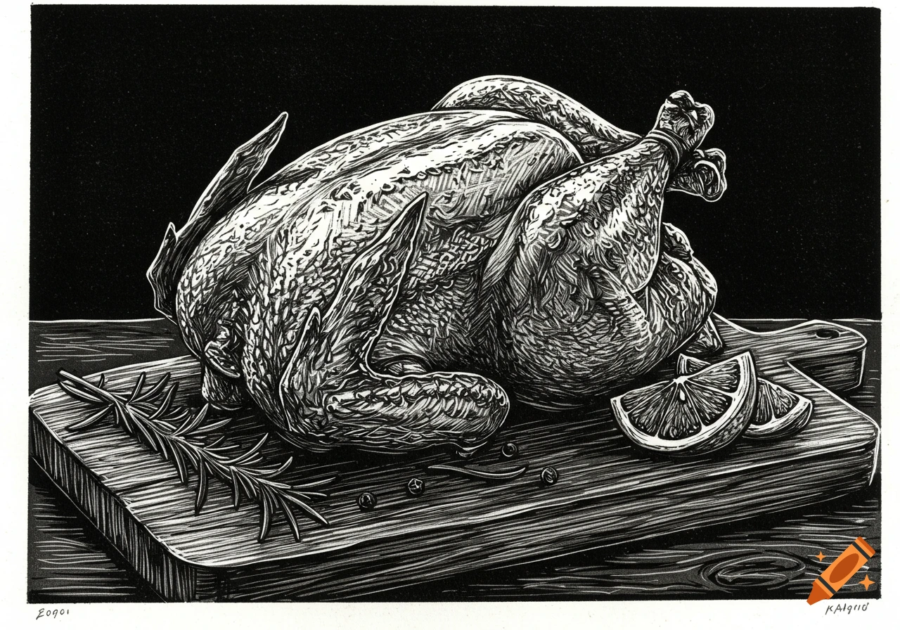 Black and white linocut illustration of a raw whole chicken on a cutting board with rosemary and lemon slices.