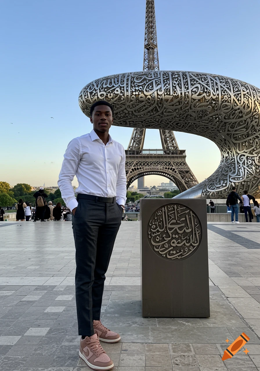 A stylish young man in a white shirt and dark pants, wearing pink sneakers, stands with hands in pockets in front of the Eiffel Tower and a large, modern sculpture covered in Arabic calligraphy. Photorealistic.