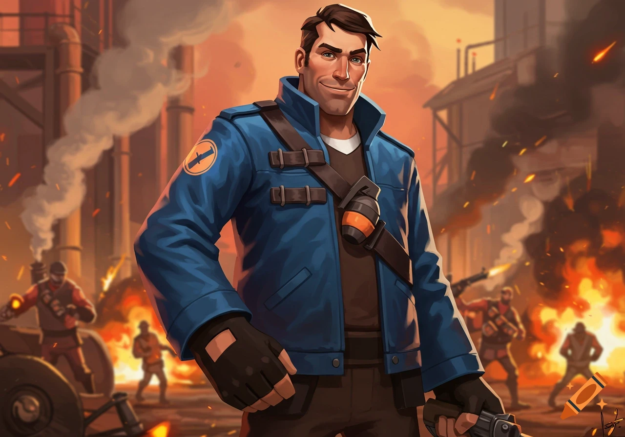 A stylized illustration of a male Team Fortress 2 mercenary in a blue jacket, holding a weapon, standing in a burning industrial area.