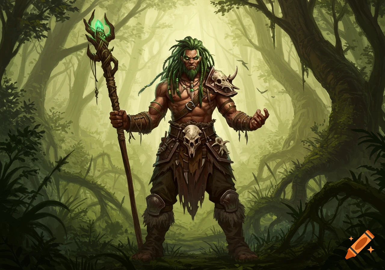 An illustrated fantasy character, a strong barbarian with green dreadlocks, holding a glowing staff in a dense, green forest.