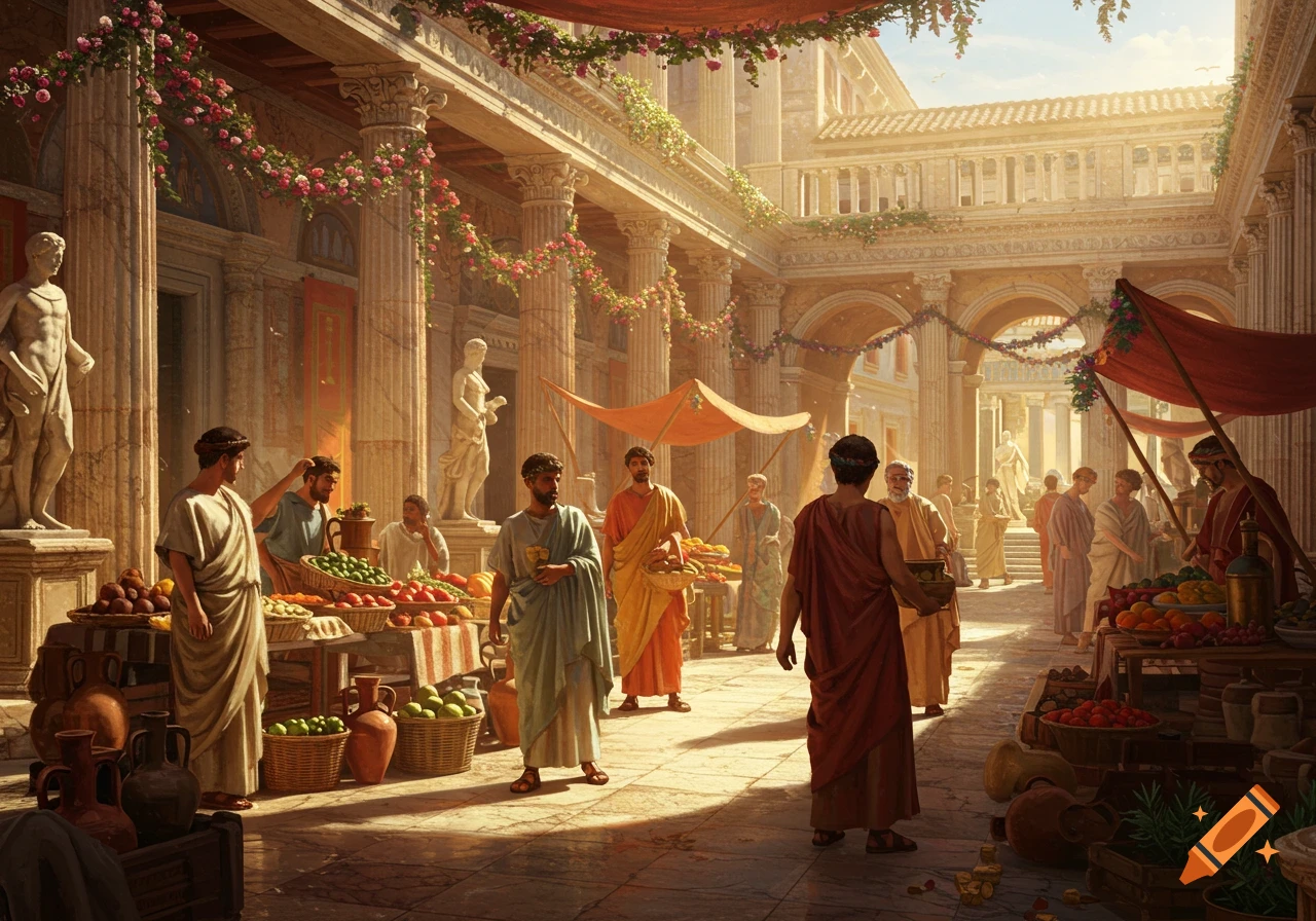A bustling, realistic ancient Roman marketplace with merchants selling goods among classical architecture under a sunny sky.