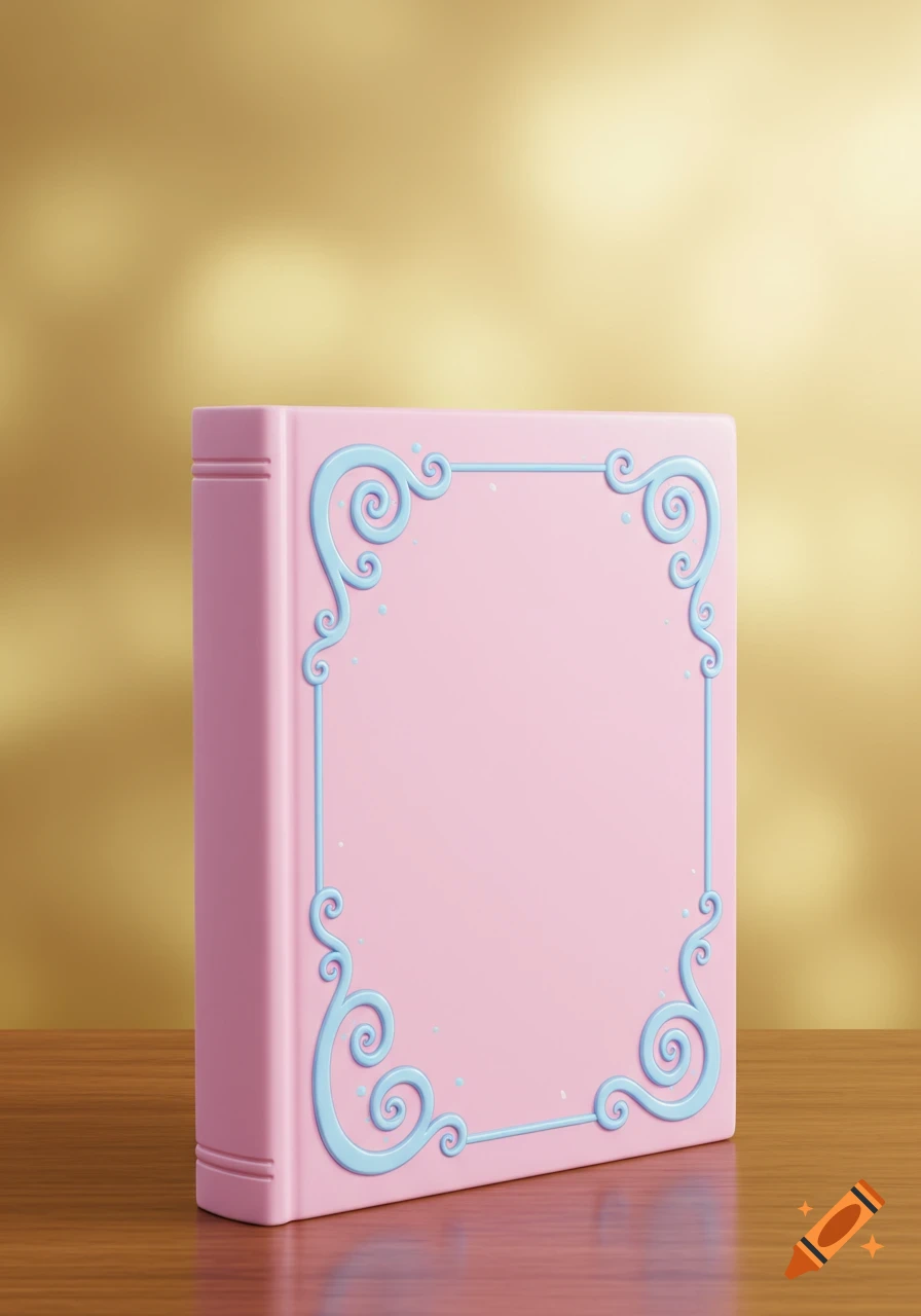 A pink book with blue swirly decorative patterns on its cover, standing on a wooden table against a golden background.