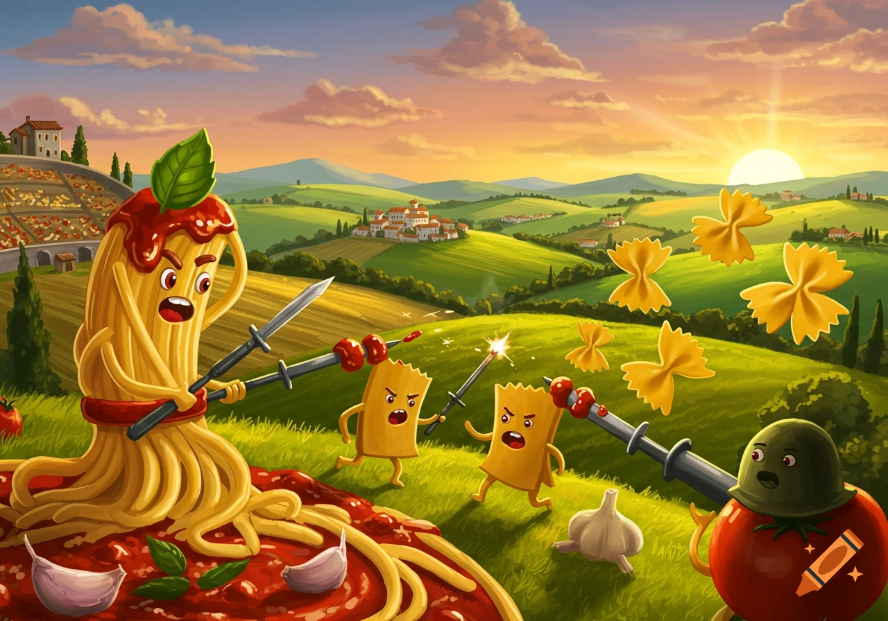 Cartoon spaghetti monster fighting lasagna and tomato characters with swords in a vibrant Tuscan landscape at sunset, detailed illustration.