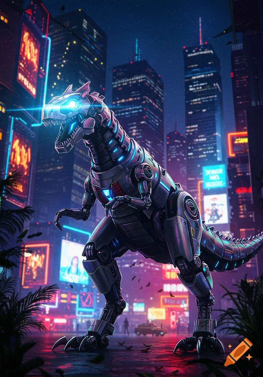 A massive robotic T-Rex with glowing blue eyes and accents stands in a vibrant, neon-lit cyberpunk city at night.