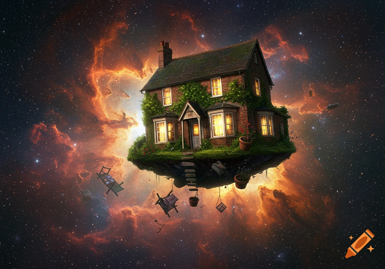 A charming brick country house with glowing windows and ivy floats on a grassy island in a vibrant orange nebula-filled space, with furniture suspended below.