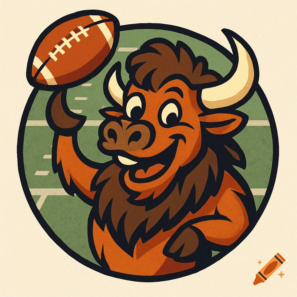 A happy, stylized cartoon buffalo mascot holding a football against a football field background.