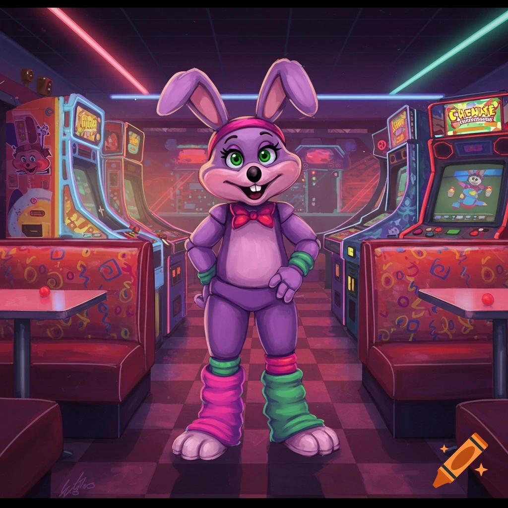 A purple animatronic bunny with a pink headband, red bow tie, and mismatched leg warmers stands in an 80s-style arcade.