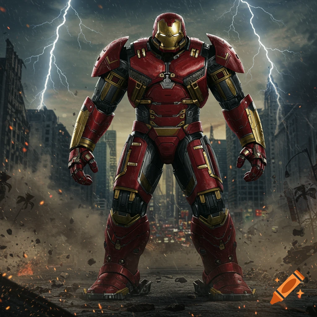 A massive red and gold armored figure stands powerfully in a ruined city under a stormy sky with lightning.