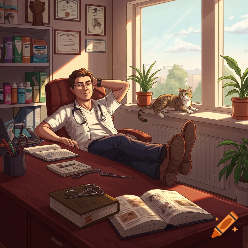 A cartoon male veterinarian relaxes in his sunlit office with feet on the desk, a tabby cat on the windowsill.