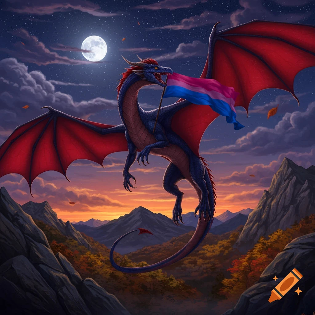A majestic blue dragon with red wings flies through a moonlit, cloudy sky over autumn mountains, holding a bisexual pride flag in its mouth.