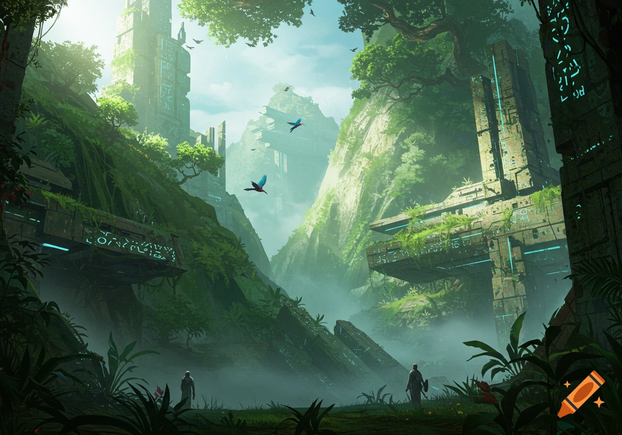 Vast, overgrown sci-fi ruins with glowing alien symbols in a lush jungle mountain landscape with small figures and flying birds.