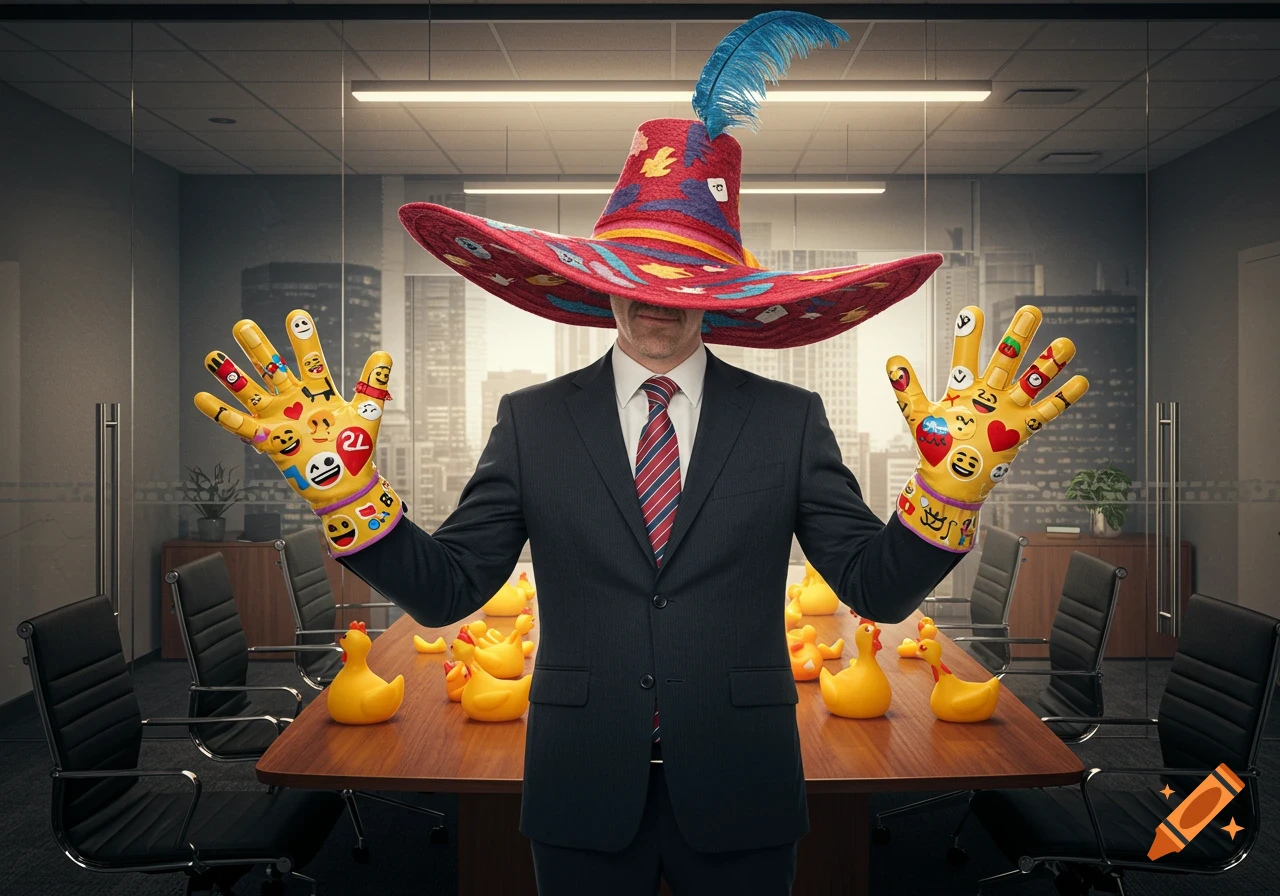 Man in a suit with a huge colorful hat and emoji-covered gloves stands in an office with rubber ducks on the table. Photorealistic.