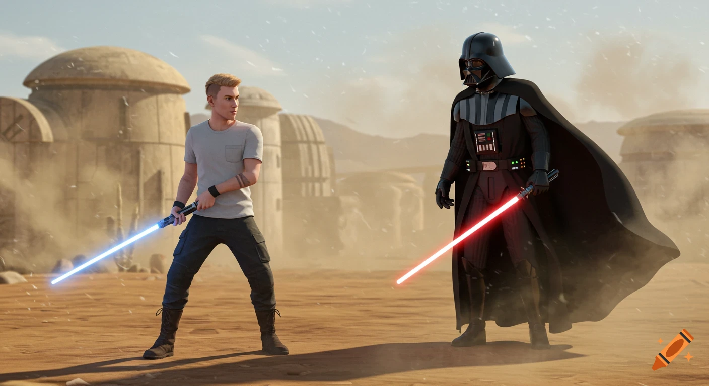 A young man with a blue lightsaber faces Darth Vader with a red lightsaber on a dusty desert planet in a realistic 3D render.
