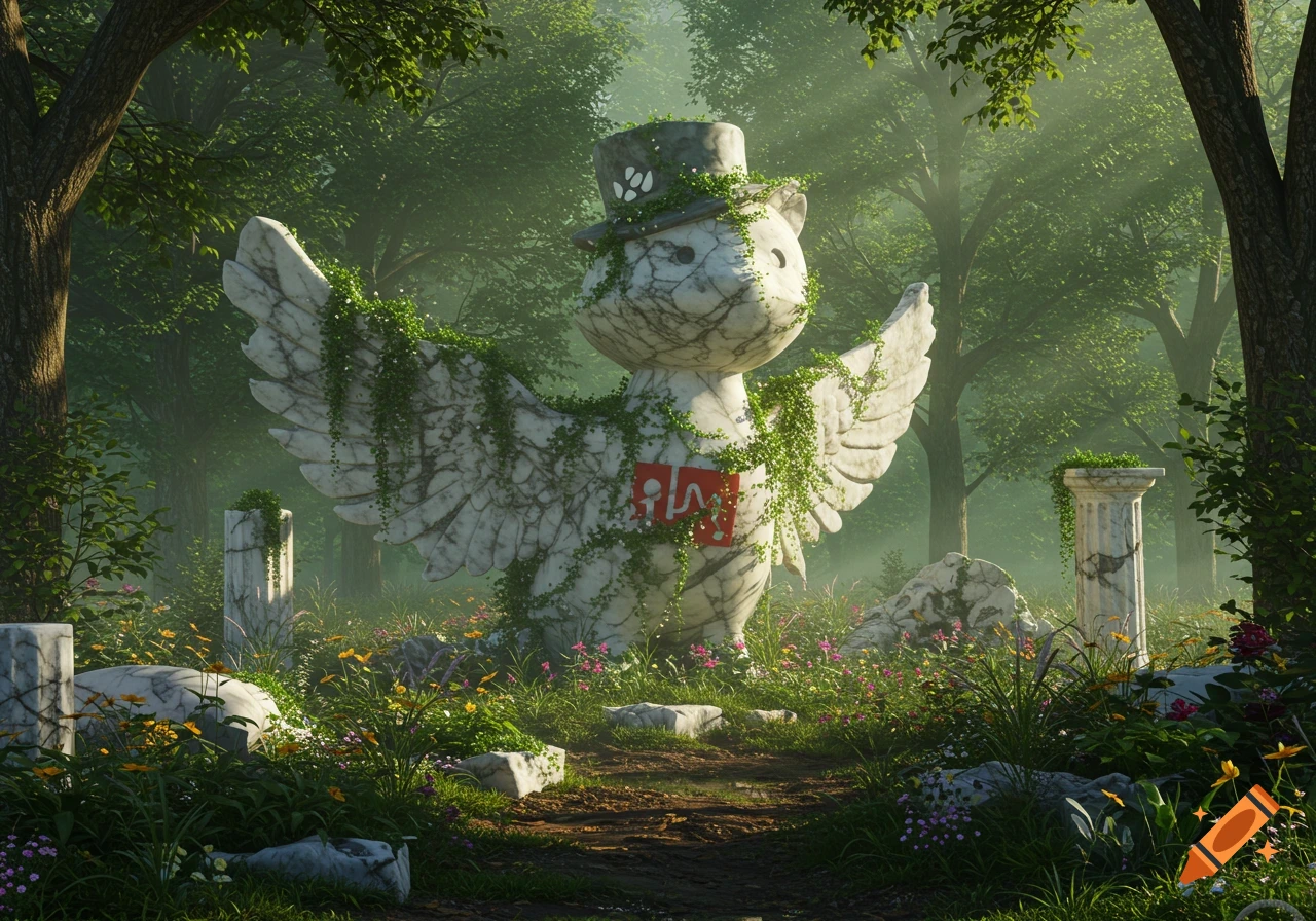 A photorealistic image of an overgrown marble statue of a winged bear-like creature in a top hat, standing in a lush, ruined forest garden with ancient columns.
