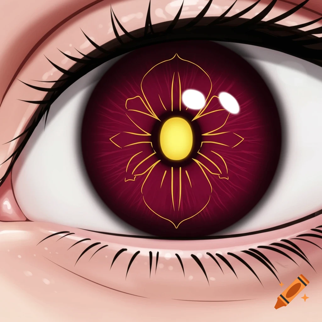 Close-up of an anime-style eye with a burgundy iris and a stylized yellow Iris flower symbol as the pupil.