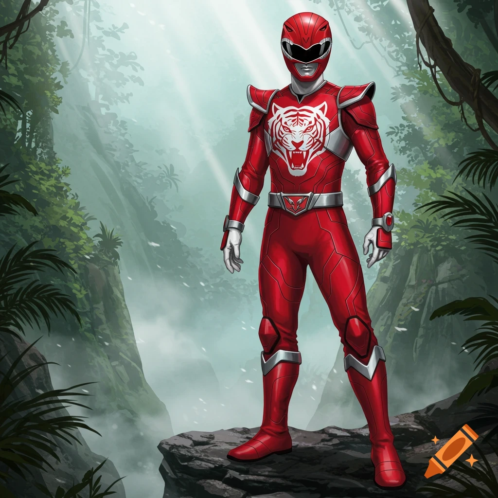 A red superhero with a tiger emblem on his chest stands on a rocky cliff in a lush jungle.