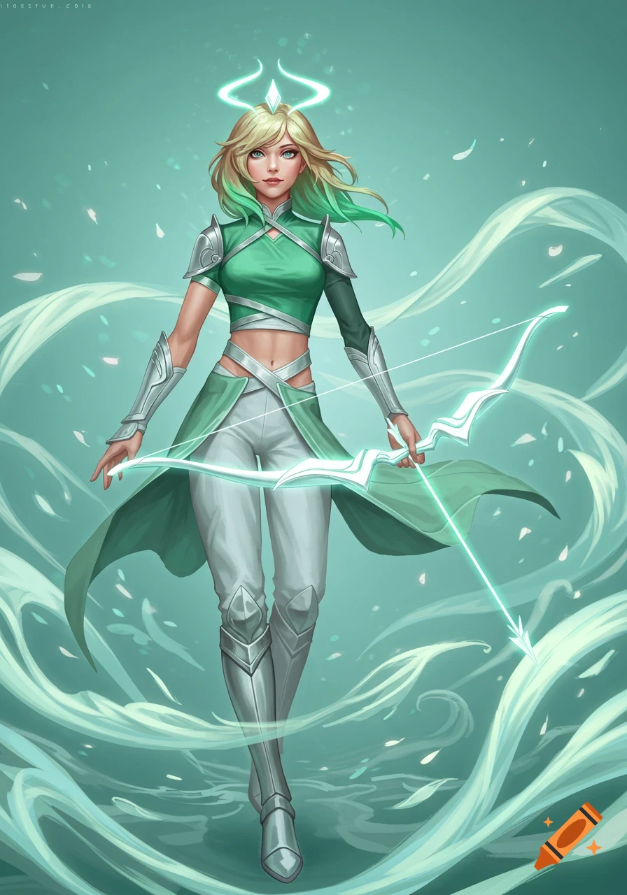 A female fantasy archer with blonde and green hair, green top, white pants, and silver armor, holding a glowing bow amidst ethereal wind.