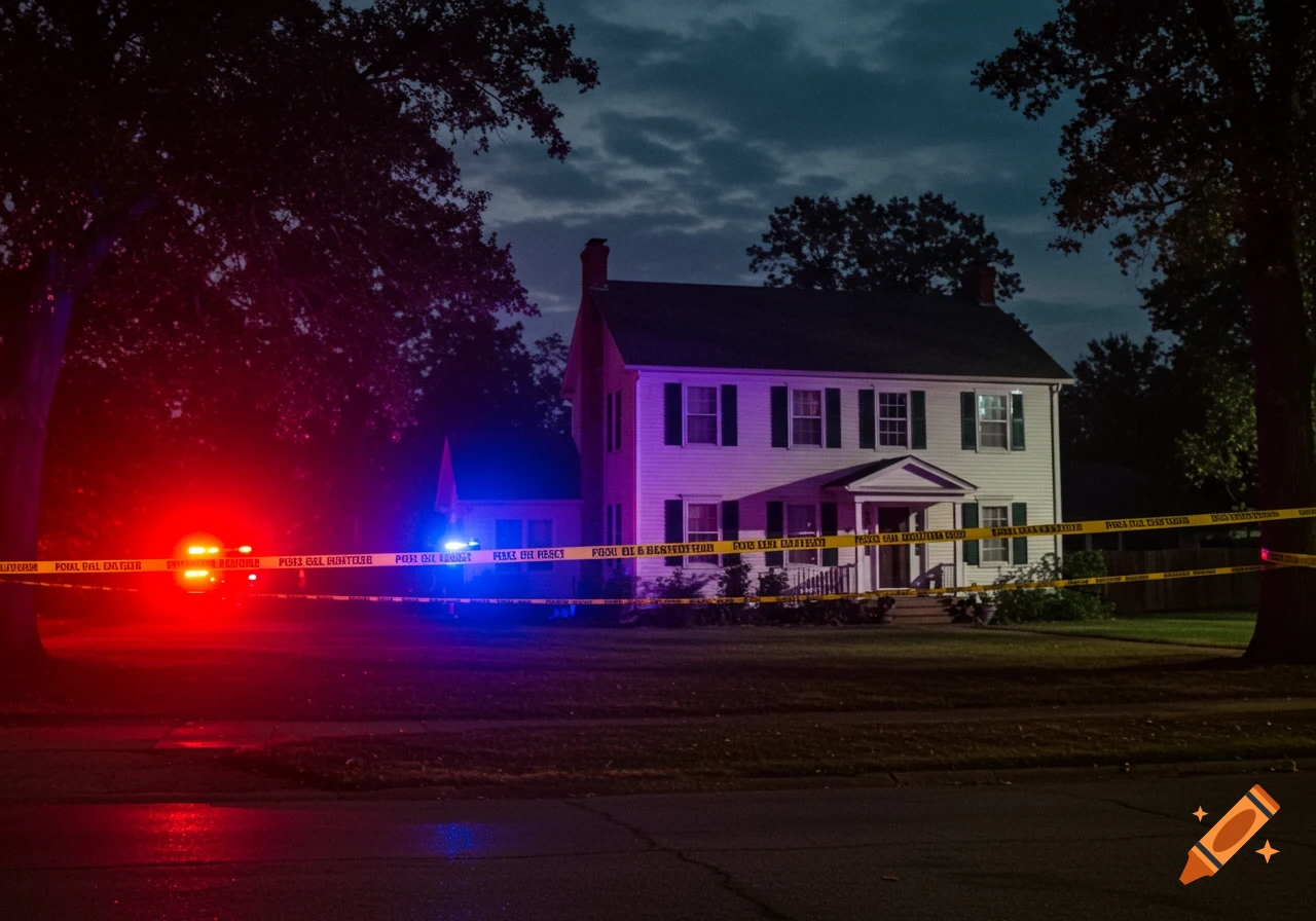 A white American house at night, surrounded by yellow police tape, with red and blue emergency vehicle lights illuminating the foreground.