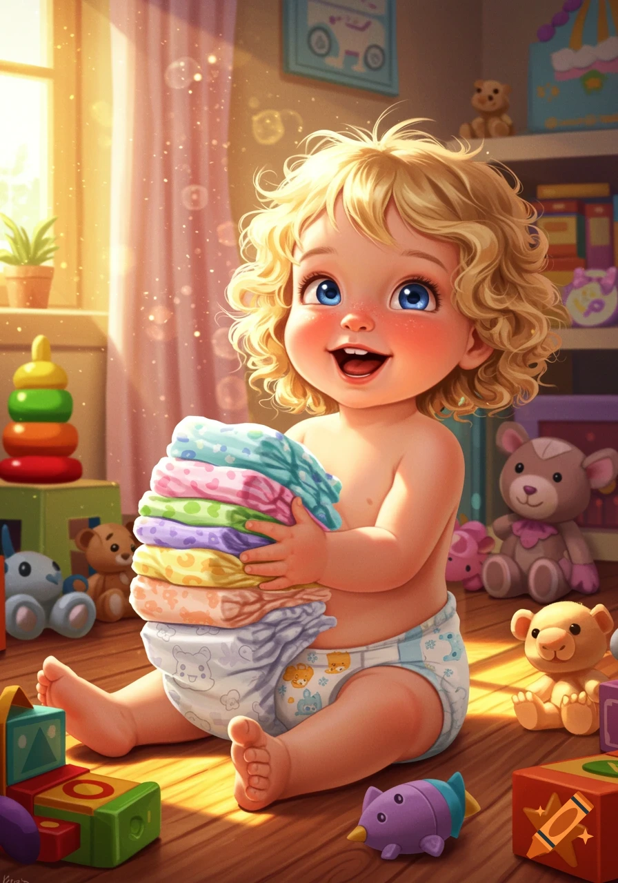 A happy, curly blonde baby in a diaper sits in a bright, toy-filled room, holding a stack of colorful diapers. Illustrated.