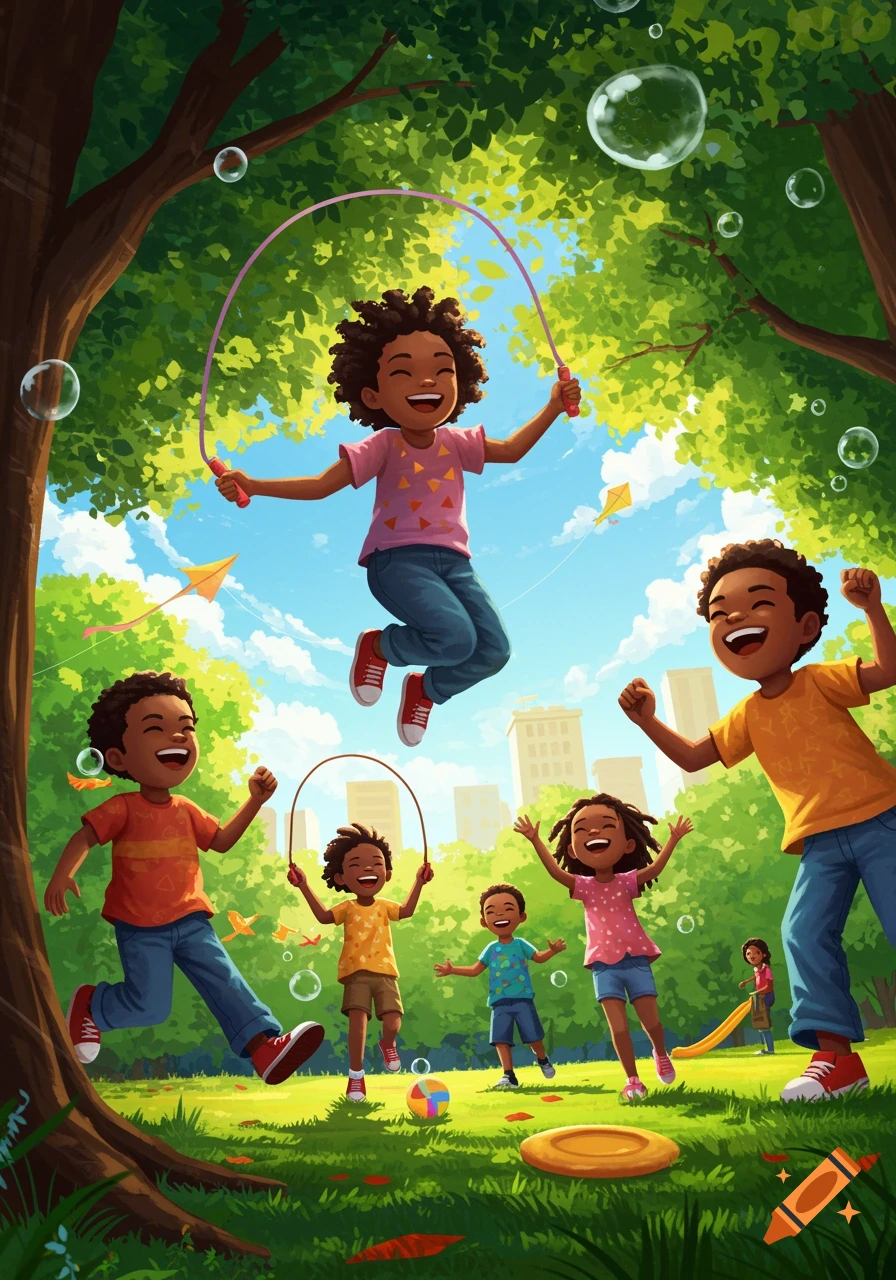 An illustration of happy Black children playing in a park with jump ropes and bubbles under green trees.