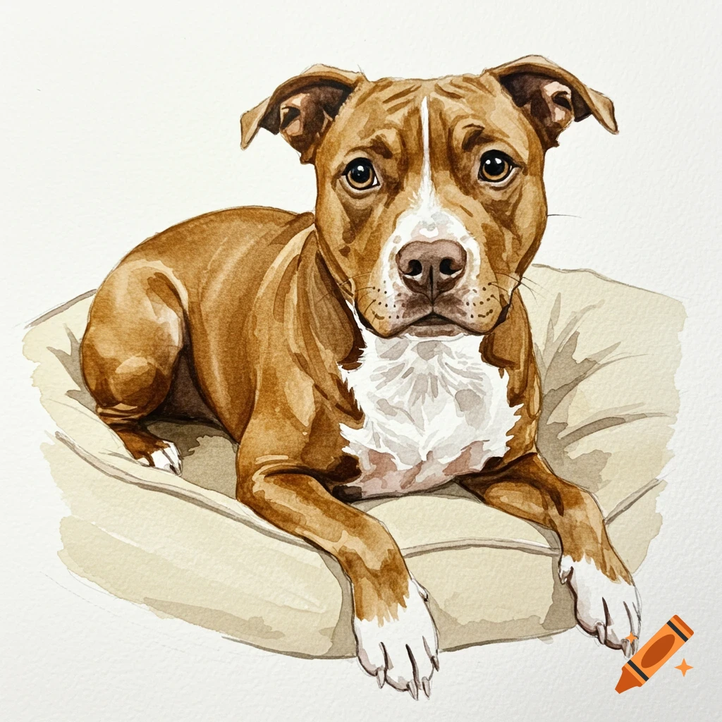 Watercolor portrait of a brown and white pit bull dog lying on a tan dog bed, looking at the camera.