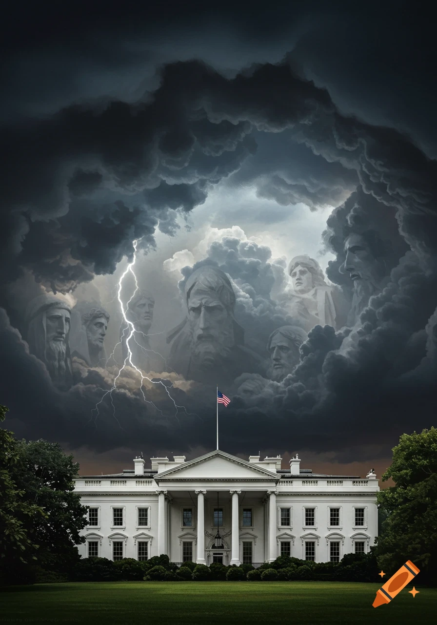 The White House under a dramatic, stormy sky with lightning and stern faces emerging from dark, ominous clouds.