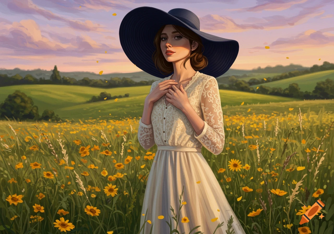 Artistic painting of a woman in a large hat and white dress in a field of yellow flowers at sunset.
