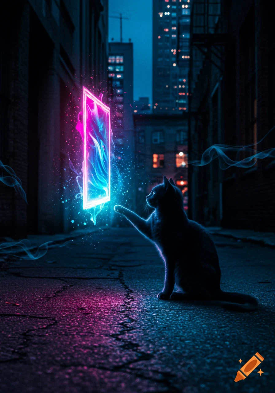 A black cat reaches towards a glowing neon pink and blue rectangular portal in a dark city alley at night.