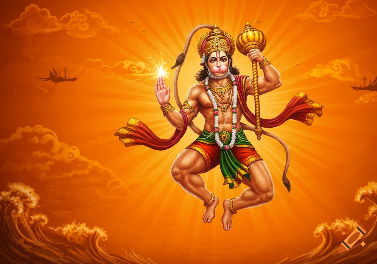 Vibrant illustration of Lord Hanuman leaping with a mace against an orange sky with sun rays and clouds, over crashing waves.